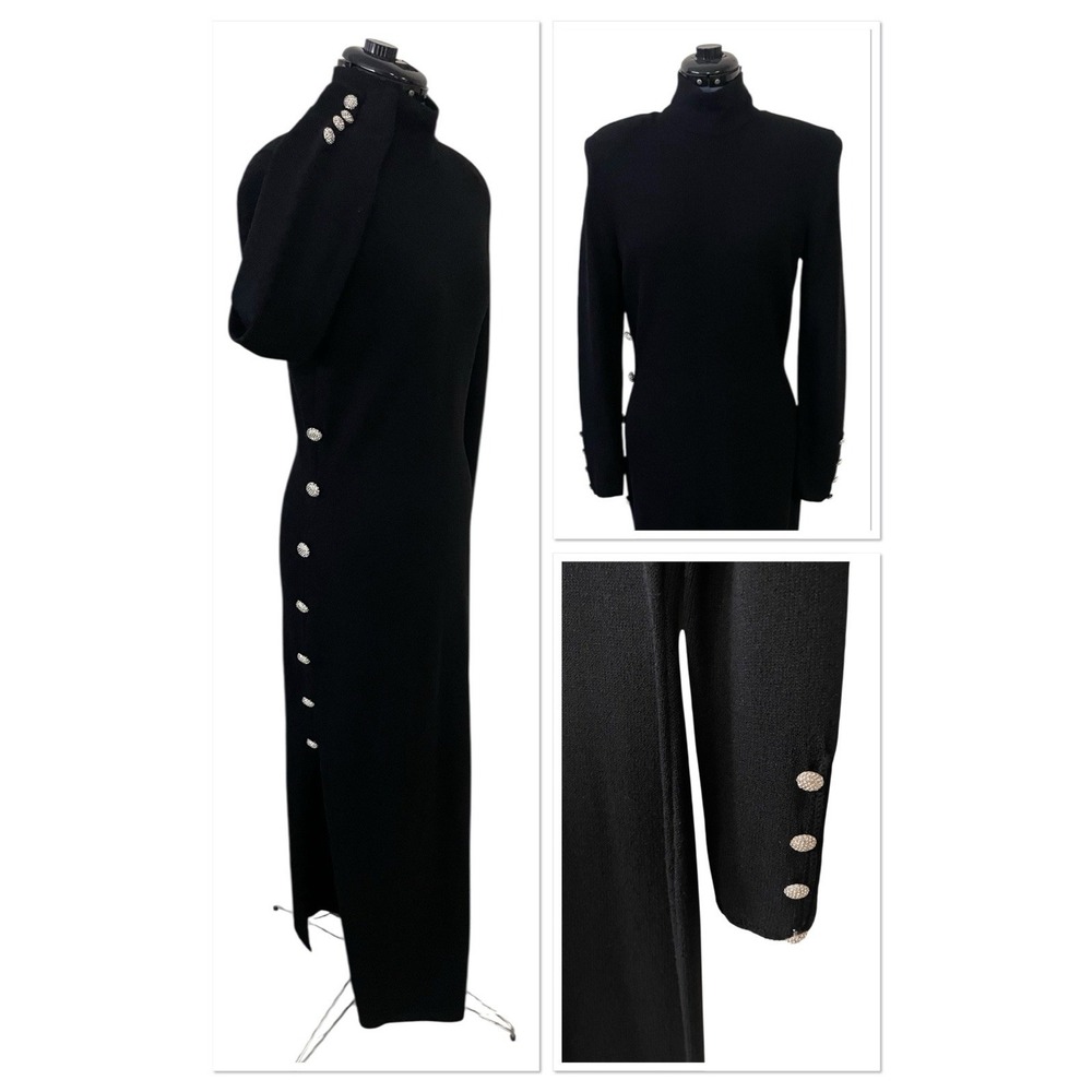 Vtg Lillie Rubin Don Sayres Wellmore Black‎ Knit Rhinestone Button Maxi Dress 12